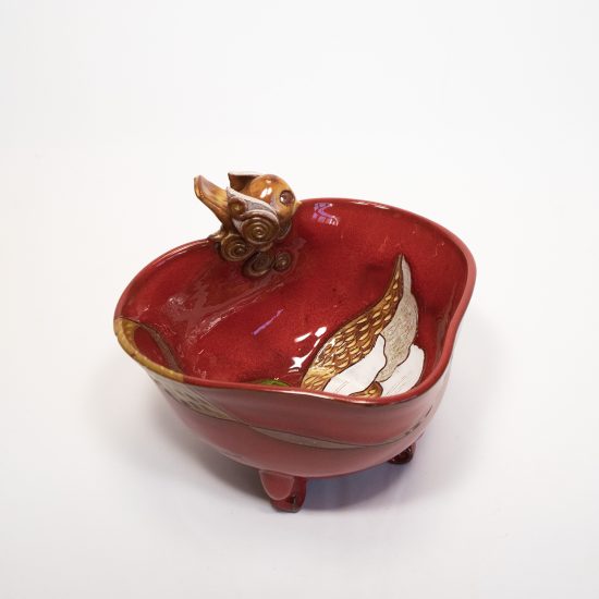 Ceramic Bowl, Nature Motif and Bird, Red, 17 cm