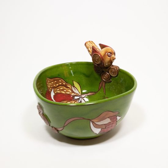 Ceramic Bowl with Bird, Green, 15 cm
