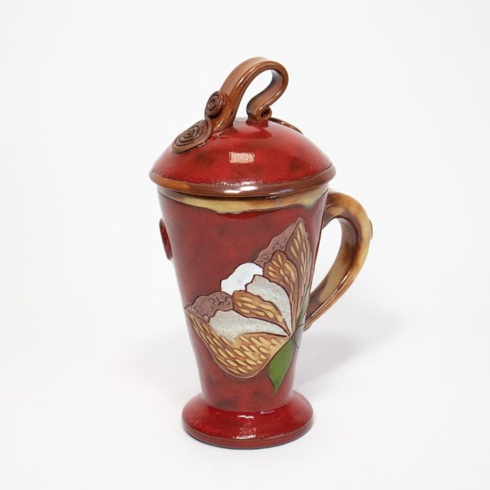 Ceramic mug with lid, flower theme, red, 300 ml