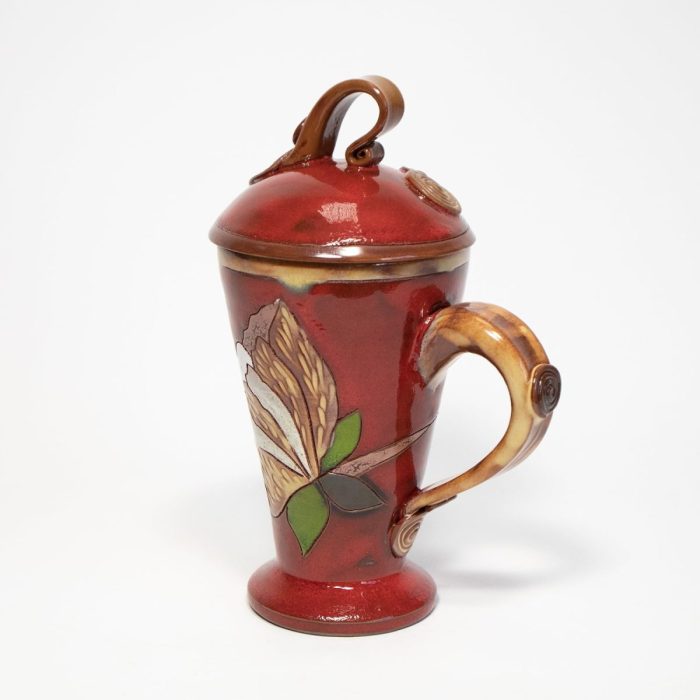 Ceramic mug with lid, flower theme, red, 300 ml