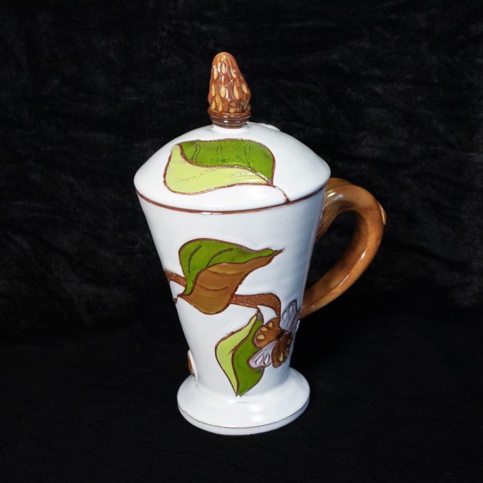 Ceramic mug with lid, nature theme, white, 250 ml