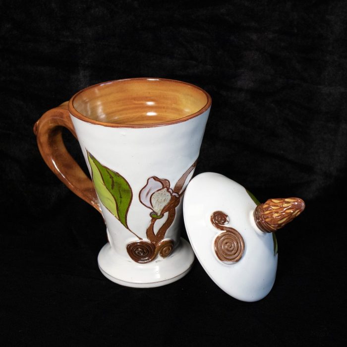 Ceramic mug with lid, nature theme, white, 250 ml