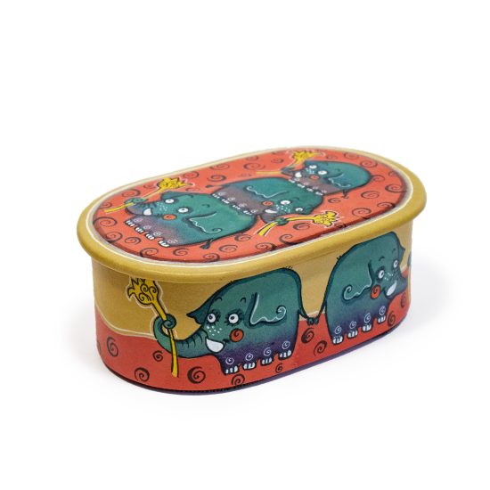 Oval Leather Box with Elephants, 12x8 cm