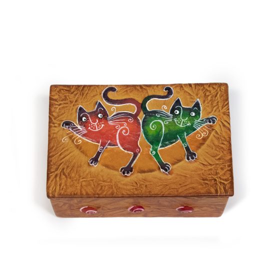Rectangular Leather Box with Cats on the Moon, 12x8 cm