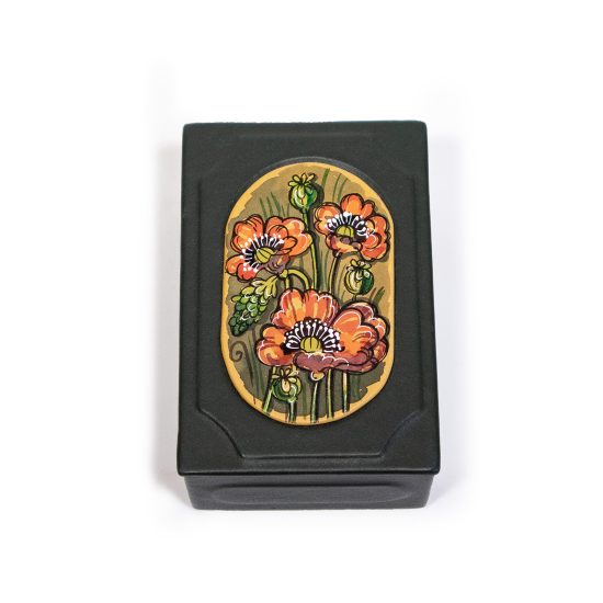 Rectangular Leather Box with Poppy Flowers, 12x8 cm