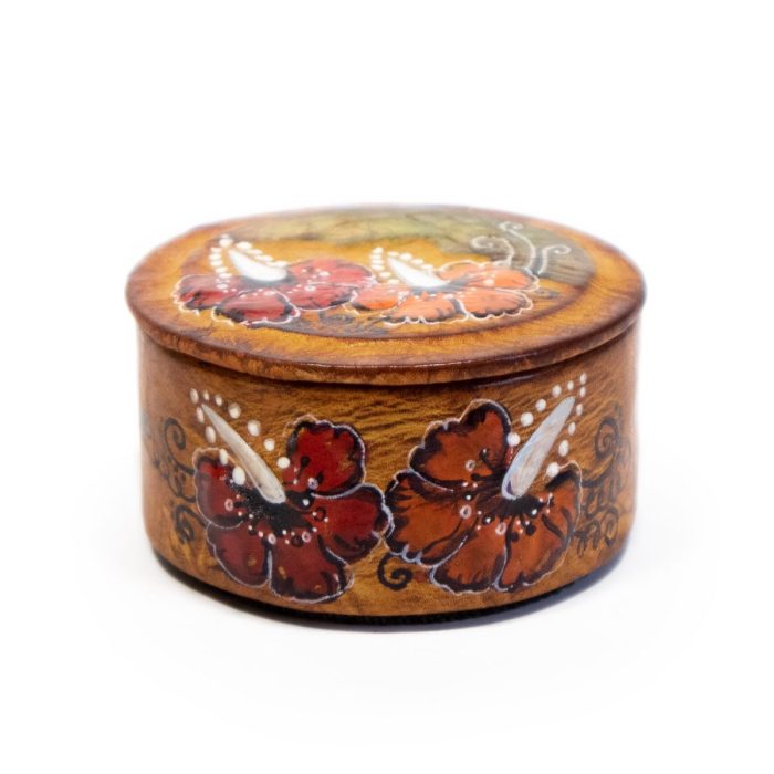 Round leather box with flowers, ⌀ 7.5 cm
