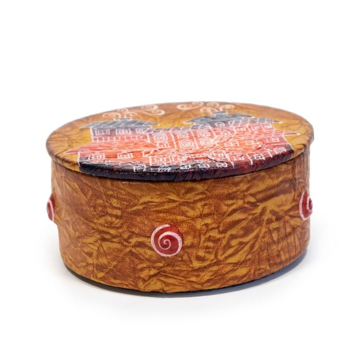 Round leather box with house, ⌀ 10 cm