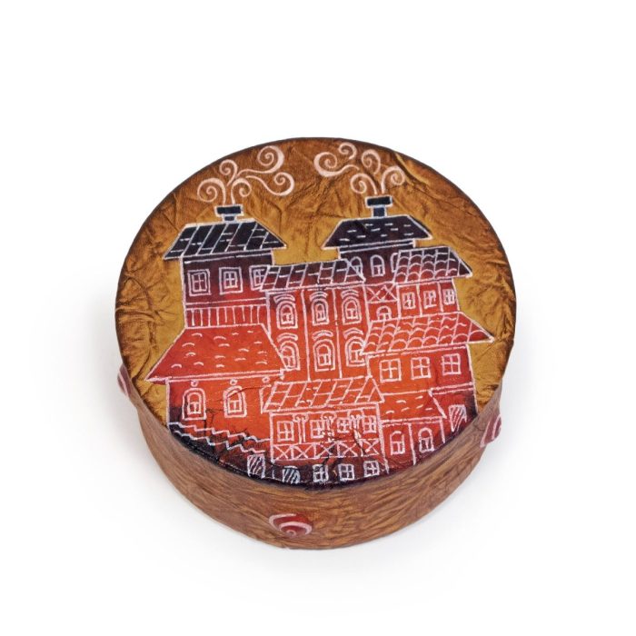 Round leather box with house, ⌀ 10 cm