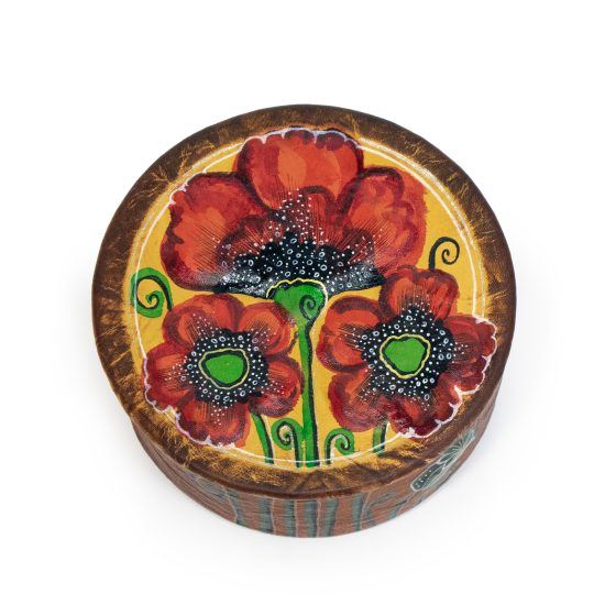 Round Leather Box with Poppy Flowers, ⌀ 10 cm