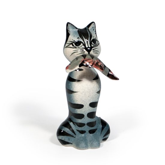 Ceramic Cat and Fish Figure, 14.5 cm