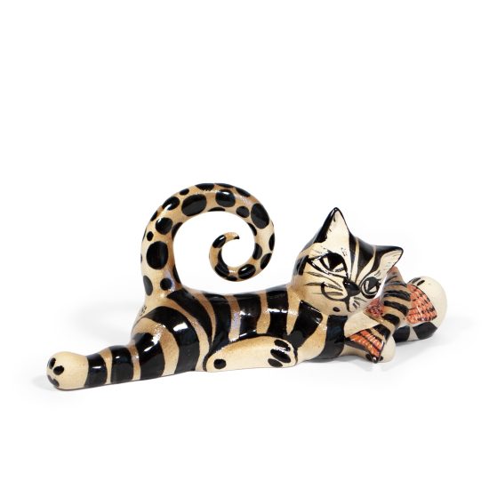 Ceramic Cat and Fish Figure, 18.5 cm