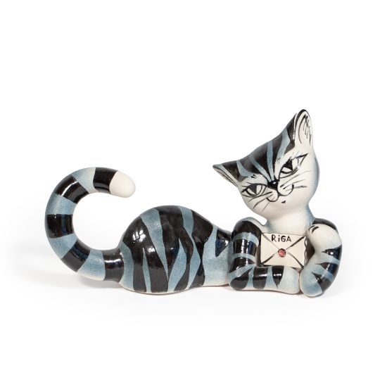 Ceramic Cat Figure, Lying Down and Holding Envelope from Riga, 23 cm