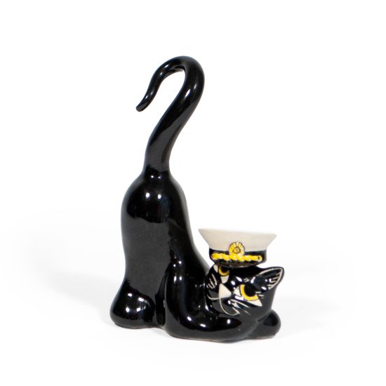 Ceramic Cat with Hat Figure, Black, 15 cm
