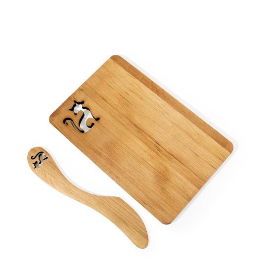 Kitchen Cutting Board and Butter Knife with Cat Design, Alder Tree, 19x12.5 cm