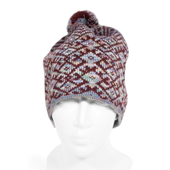 Knitted Hat with Colorful Ethnographic Symbols, Burgundy