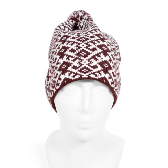 Knitted Hat with Ethnographic Symbols, Burgundy