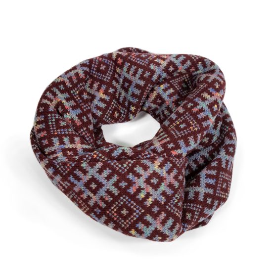Knitted Infinity Scarf with Colorful Oak Signs. Burgundy
