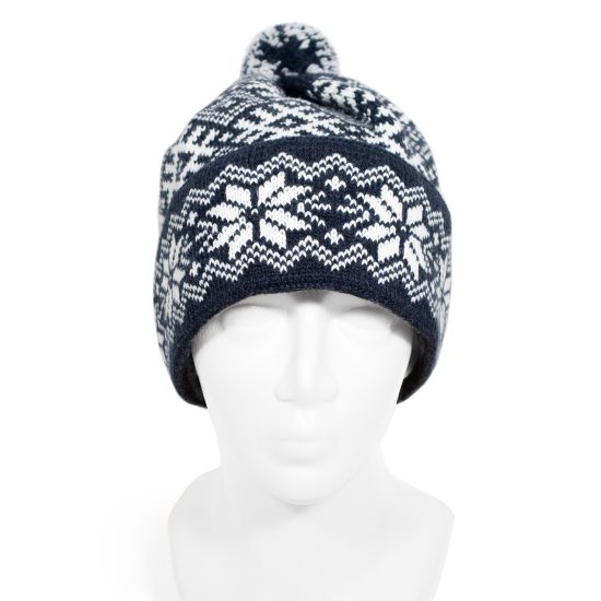 Knitted Winter Hat with Ethnographic Symbols, Blue