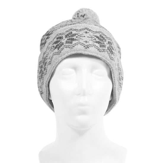 Knitted Winter Hat with Ethnographic Symbols, Grey