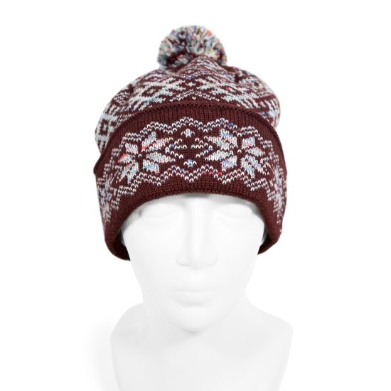 Knitted Winter Hat with Ethnographic Symbols, Burgundy