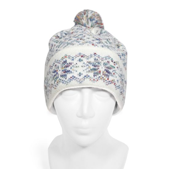 Knitted Winter Hat with Ethnographic Symbols, White