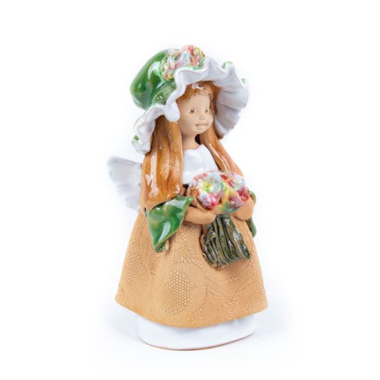 Ceramic Figure – Angel with Green Hat and Flowers, 14.5 cm