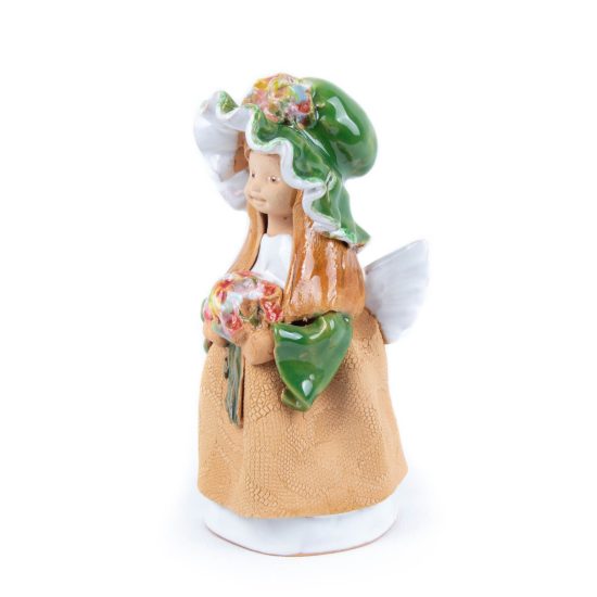 Ceramic Figure – Angel with Green Hat and Flowers, 14.5 cm