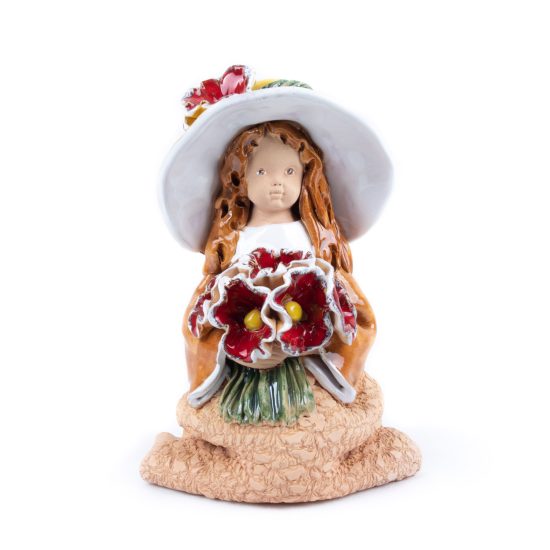 Ceramic Figure – Girl with Yellow Hat and Flowers, 21 cm