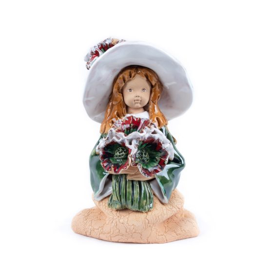 Ceramic Figure – Girl with Green Hat and Flowers, 21 cm
