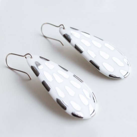 Porcelain Earrings - Big Droplets, White with Platinum Freckles