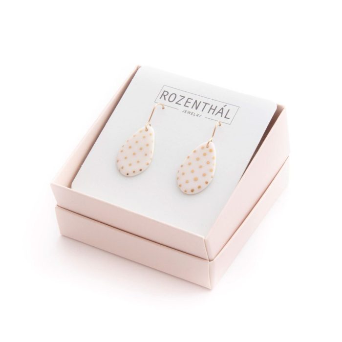 Porcelain earrings - droplets, white with gold dots