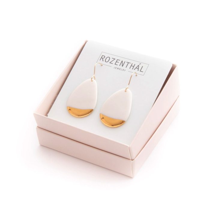 Porcelain earrings - droplets, white with gold edge