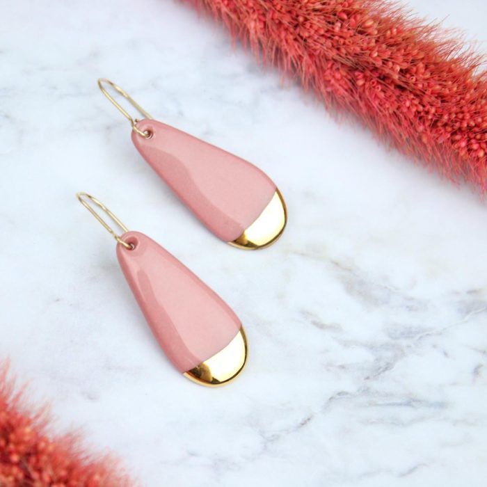 Porcelain earrings - elongated drops, pink with gold edge