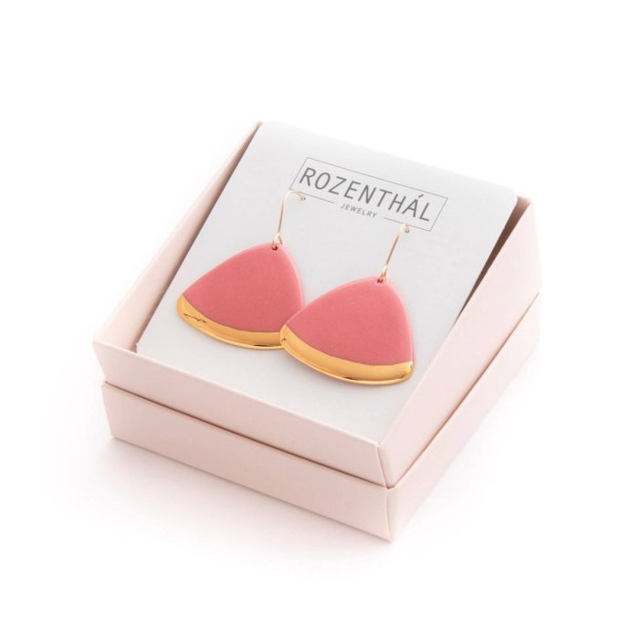 Porcelain earrings, pink with gold edge
