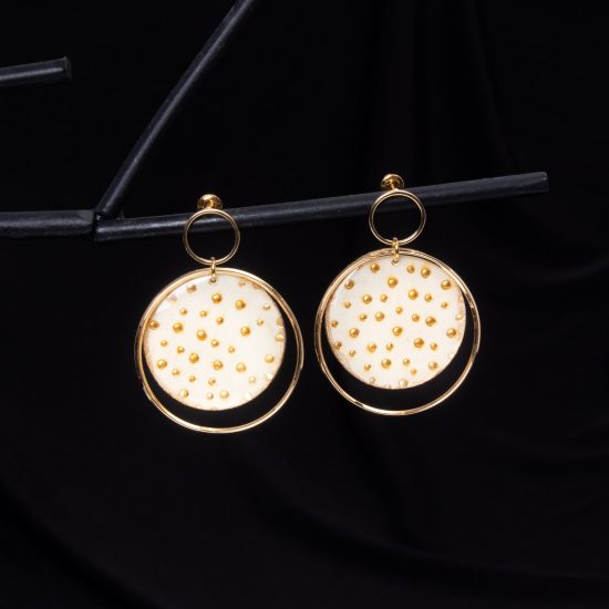 Round Paper Earrings with Frame, Beige with Gold Dots