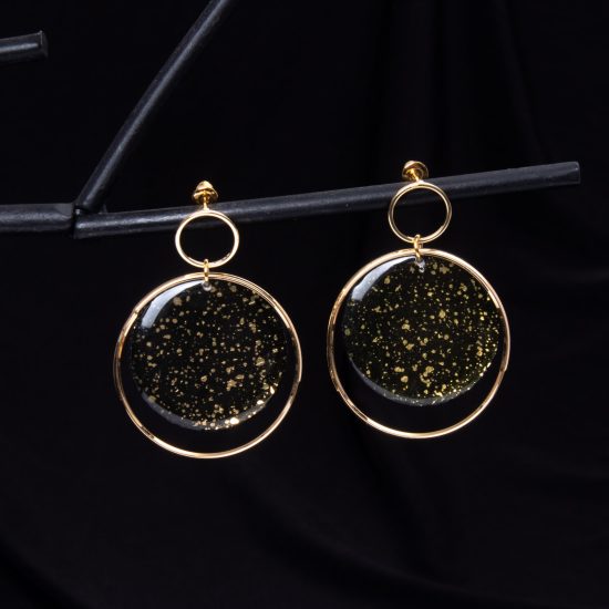 Round Paper Earrings with Frame, Black with Gold
