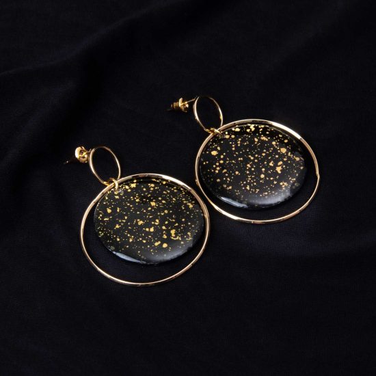 Round Paper Earrings with Frame, Black with Gold