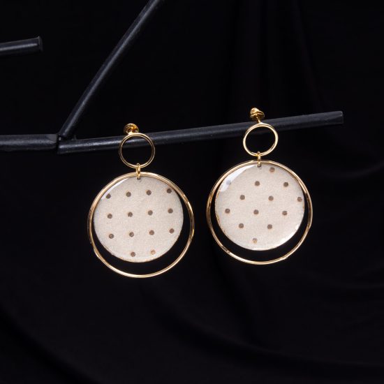 Round Paper Earrings with Frame, Grey with Gold Dots