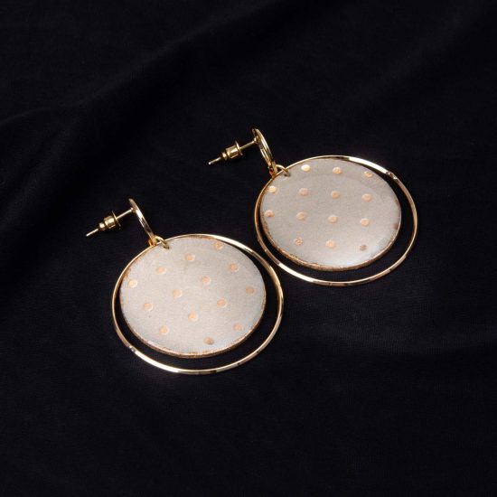 Round Paper Earrings with Frame, Grey with Gold Dots