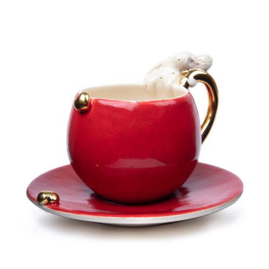 Ceramic Cup with Saucer "Waiting", Red, 190 ml