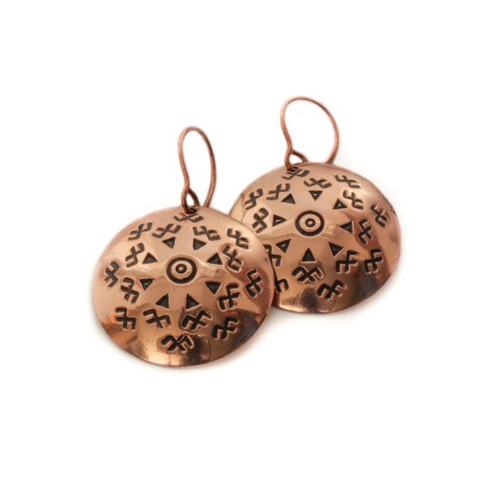 Copper Earrings with Ethnographic Symbols, ⌀ 25 mm