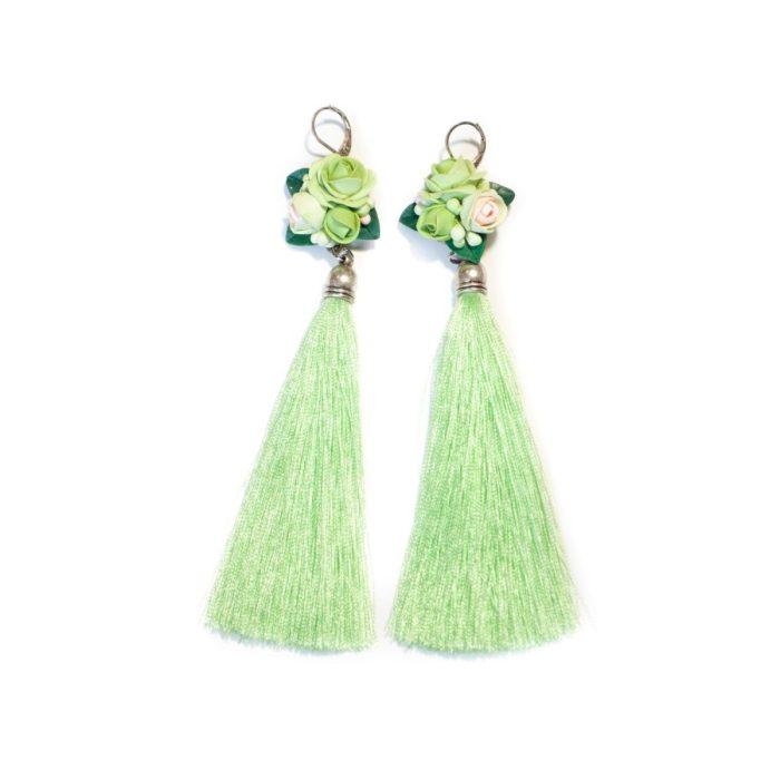 Flower tassel earrings – roses - mint green