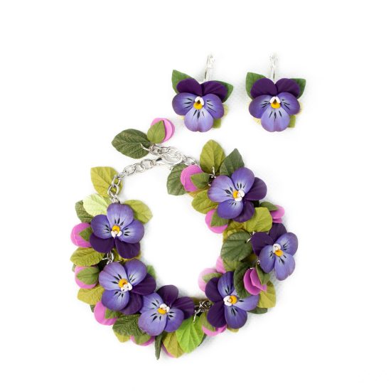 Jewelry Set – Pansies - Bracelet and Earrings
