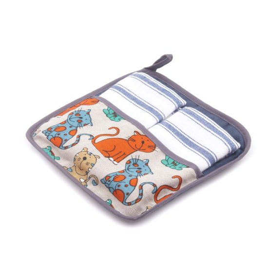 Linen Kitchen Towel Set with Holder, Colorful Cats