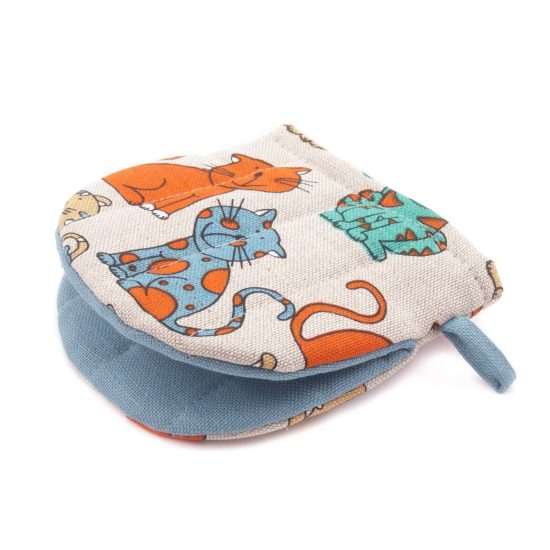 Linen Oven Mitt with Colorful Cats, 13x13 cm