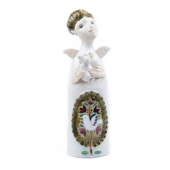 Ceramic angel figure with ram - olive green