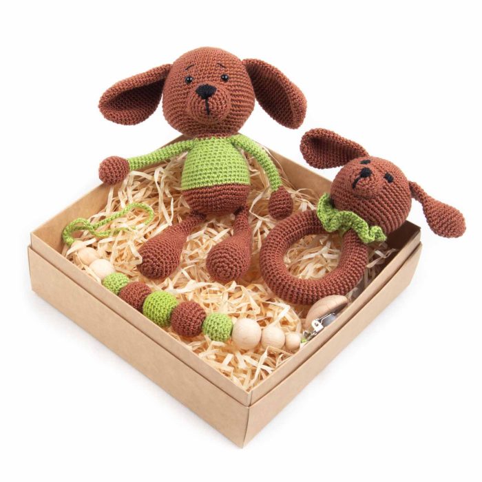 Baby gift set - rattle, pacifier holder, toy