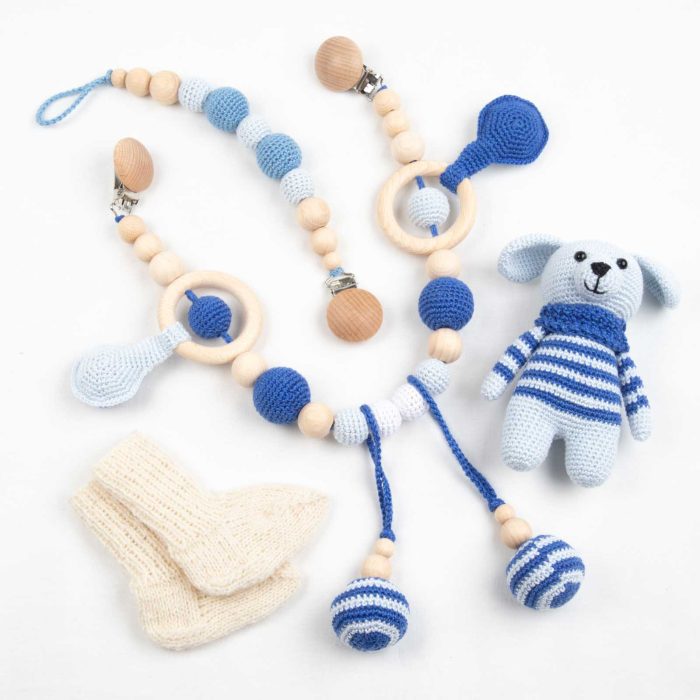 Baby gift set - stroller chain, pacifier holder, socks, toy