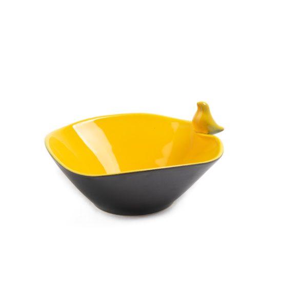 Ceramic Bowl with Bird, Black with Yellow Inside, ⌀16.5 cm