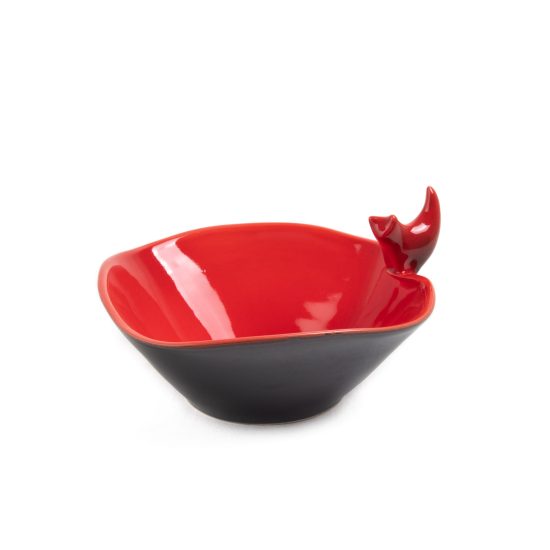 Ceramic Bowl with Cat, Black with Red Inside, ⌀16.5 cm